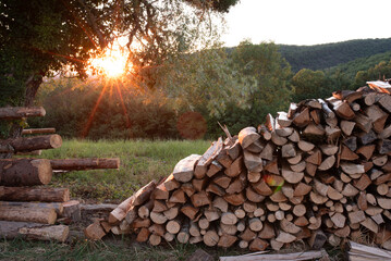 woodpile at sunset