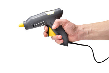 Hot glue gun for repair in master man hand isolated on white background