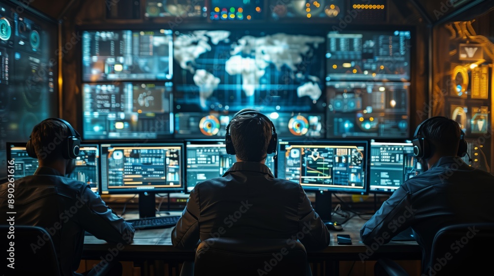 Poster team monitoring global data on multiple screens. team of analysts monitors global data in a high-tec