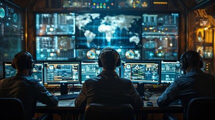 Team Monitoring Global Data on Multiple Screens. Team of analysts monitors global data in a high-tech control room, utilizing multiple screens displaying various charts and maps.