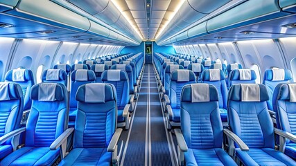 Obraz premium Interior view of an empty airplane cabin featuring rows of blue seats, ready for passengers.
