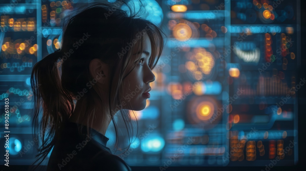 Poster Woman Analyzing Data on Advanced Interface. Woman focuses on analyzing data displayed on an advanced digital interface, highlighting the use of modern technology in data science.