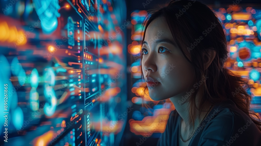 Poster woman analyzing data on digital display. woman analyzes data on a digital display in a dark room, em