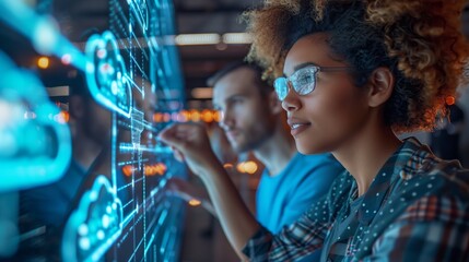 Focused Team Collaborating on Digital Data. Diverse team collaborates on digital data analysis, utilizing advanced technology and large interactive screens in a modern office.