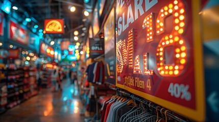 Discount Sale Signs in Busy Retail Store. Busy retail store with bright discount sale signs, showcasing a lively shopping environment with various products on display.