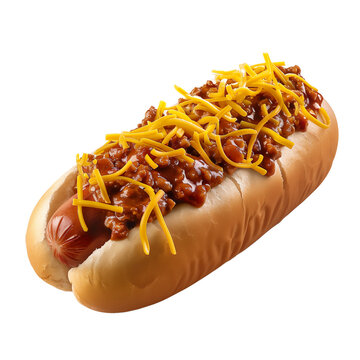 Highly realistic advertising photo of a delicius Chili Hot dog with chili sauce and cheddar cheese isolated on transparent background