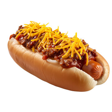 Highly realistic advertising photo of a delicius Chili Hot dog with chili sauce and cheddar cheese isolated on transparent background