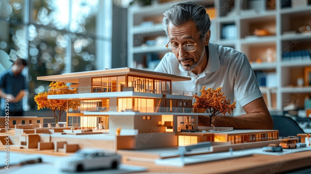 Poster architect examining modern building model. architect examining a detailed modern building model, hig