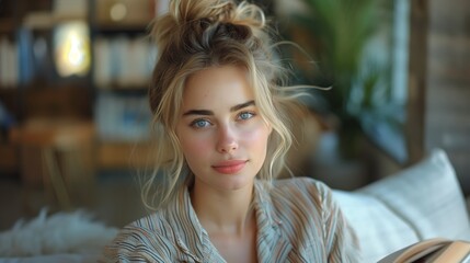 Fototapeta premium Blonde Woman With Blue Eyes Posing In A Home Setting