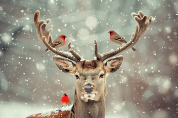 Deer with birds on its antlers against the backdrop of a winter forest. Bullfinches and roe deer in a snowy forest. Wild animals. Wild nature. New Year's and Christmas © Katsyarina