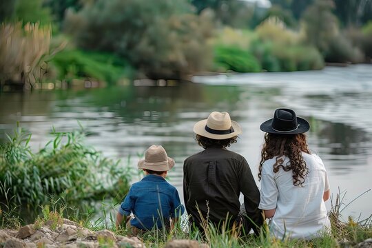 Jewish family observing Tashlich at sunset