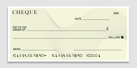 Blank bank check, checkbook cheque template with yellow guilloche, with wavy pattern vector mockup.