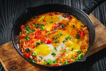 pan of delicious traditional israeli shakshuka on black wooden rustic background