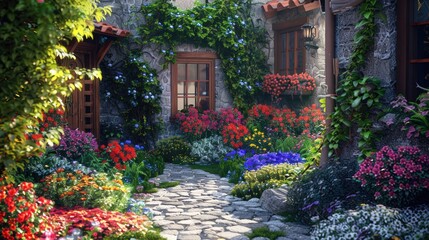 A cozy cottage with a stone pathway, vibrant flower beds, and ivy climbing the walls.