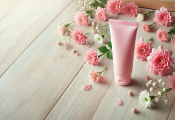 Stone podiums with bottles of essential oil, rose flowers and bowl on beige wooden background