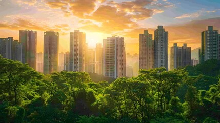 Majestic Urban Skyline with Sunset Glow and Natural Surroundings