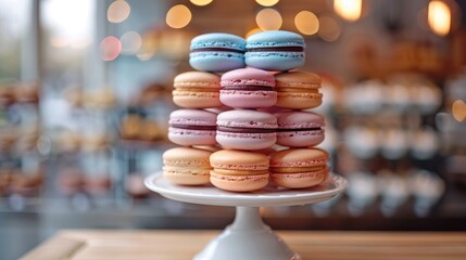 Obraz premium Colorful Macaroons tower in French bakery shop,multicolored tasty french macaroons with bokeh background,Home made Traditional french dessert macaroons,Sweet delicacy.