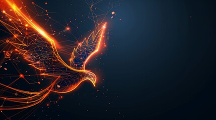 Cybernetic phoenix rising from digital flames, with metallic feathers and glowing symbols, representing rebirth in a futuristic style, flat design illustration