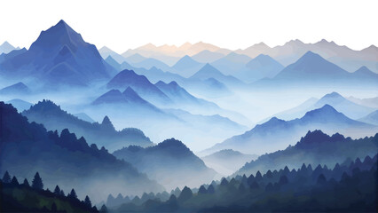 Serene Watercolor Landscape of Misty Mountain Range at Dawn