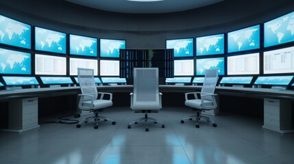Computerized control room with advanced monitors, holographic interfaces, and a central AI core managing the system