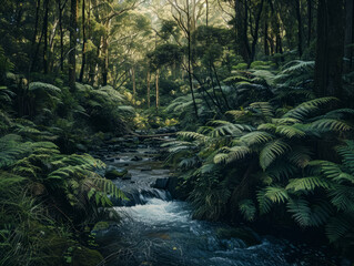 Obraz premium A peaceful stream flows through a dense, green rainforest. Generative AI