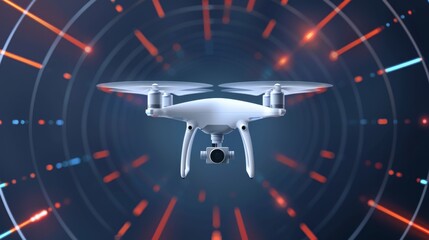 Concept of a next-generation drone, featuring advanced sensors and AI integration, hovering in a futuristic environment, flat design illustration