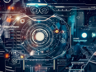 High-tech interface with circular display, digital gauges, info panels. Generative AI