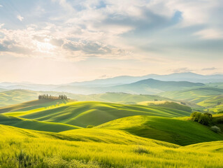 Obraz premium Sunlit hills and fields with a clear sky. Generative AI