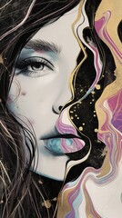 Ethereal Beauty: A Woman&rsquo;s Face Half Adorned in Gold Leaf and Marble with Ink Art Effe