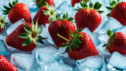 Juicy red strawberries surrounded by ice cubes