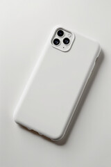 A white smartphone with a triple camera system sits on a white surface. Generative AI
