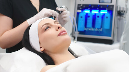 A cosmetologist prepares a device for modern facial cleansing. Modern cosmetology technologies.