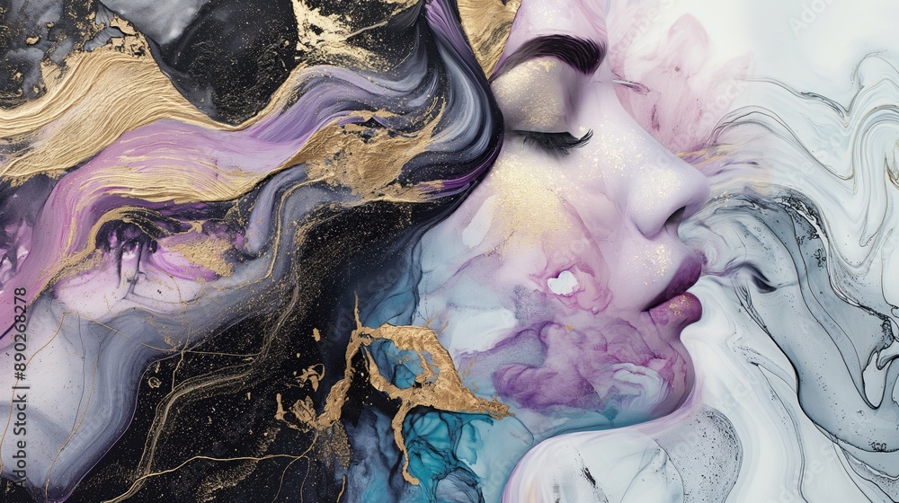 Wall mural ethereal portrait: a woman's face transformed by gold leaf and vivid alcohol ink