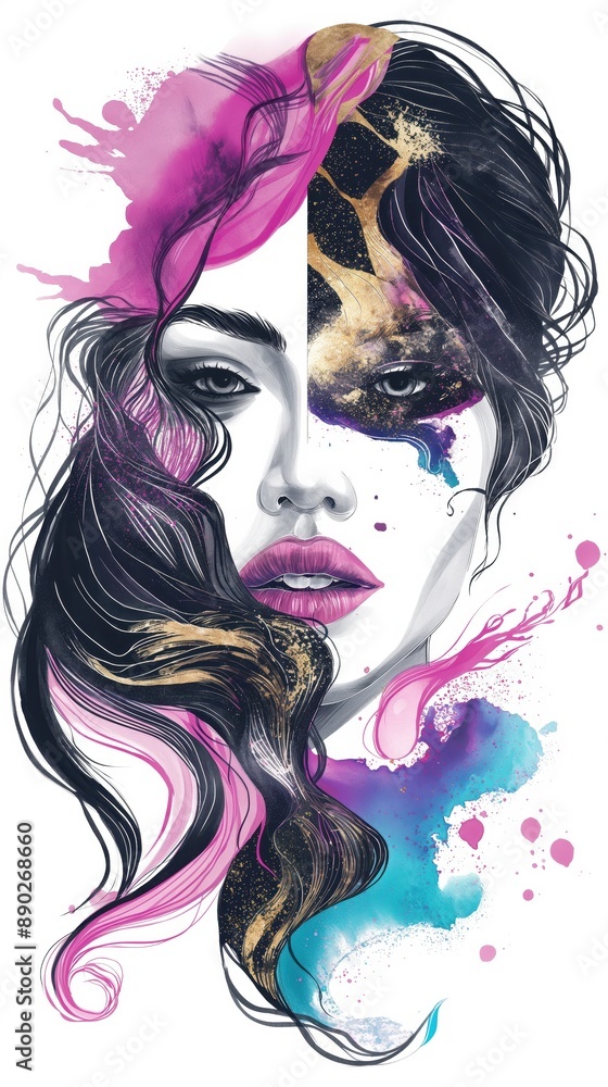 Wall mural enchanting portrait: gold leaf adorns marbled beauty in mesmerizing ink swirls