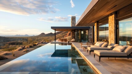Obraz premium Create a prompt for a photo realistic image of a luxury desert retreat featuring earth tones, infinity pool, and desert landscaping