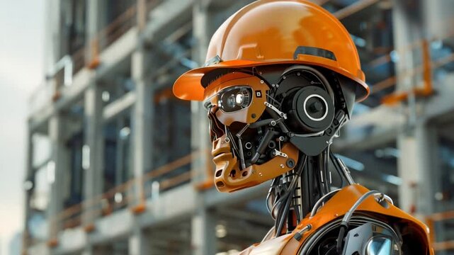 Mechanical robot with artificial intelligence and wearing a worker's helmet, with a building under construction with visible beams in the background. 3D representation of the future of physical work