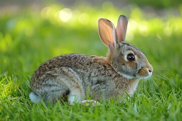Fototapeta premium Wild Rabbit. Closeup Image of Cute Rabbit Sitting on Grass