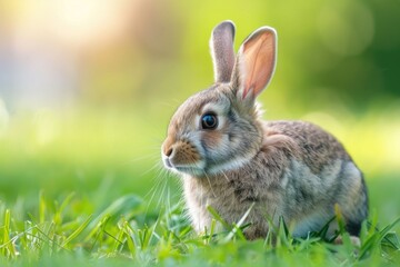 Wild Rabbit. Closeup Image of Cute Animal Sitting on Grass