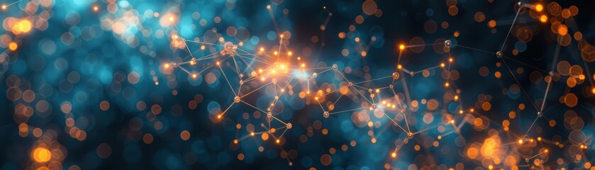 An abstract visualization of a cryptocurrency network with nodes and connections glowing in the dark