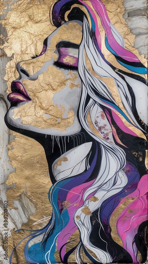 Wall mural ethereal portrait: gold leaf and marble adorned woman