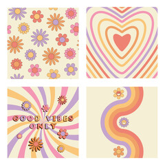 Set of groovy retro style cards with hippie symbols. Good vibes only slogan, daisy flowers seamless pattern, heart, sunburst, twisted waves and peace sign