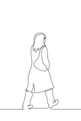 view from the back of a woman in a coat with a bag on her shoulder leaving - one line art vector. concept businesswoman walking down the street in autumn