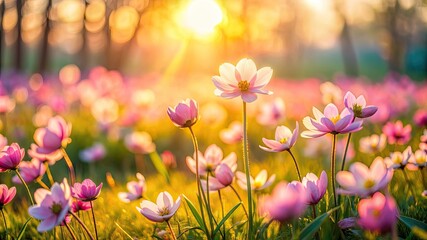 Delicate pink flowers blooming in a field, illuminated by soft morning light, creating a tranquil and enchanting spring scene.