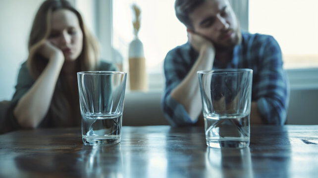 Two empty glasses on wooden table with two people in background looking distant and pensive. Scene captures a reflective and somber moment