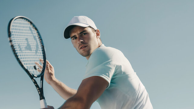 Tennis player preparing to hit a shot, dressed in white shirt and cap under clear sky. Focused expression and athletic build emphasize concentration and physical fitness