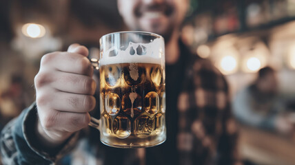 Man holding a glass of beer in a bar with a cheerful smile. The background is blurred with warm lighting, highlighting the lively atmosphere of the place