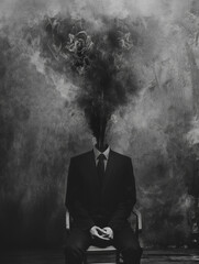 Obraz premium black and white man in suit,the mans face is with clouds