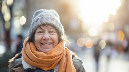 Smiling homeless woman wearing a grey beanie and an orange scarf standing outdoors. Blurred urban background with sunlight and people