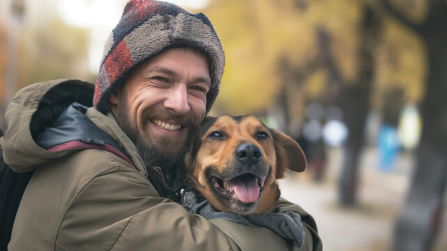 Smiling homeless man wearing a patterned beanie and green jacket hugging a happy brown dog. Blurred autumn trees in the background