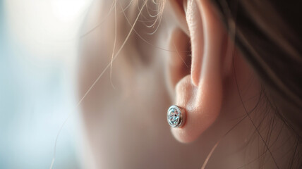Fototapeta premium Earring with blue gemstone in ear creating elegant and delicate look. Soft light highlights the intricate details of the jewelry